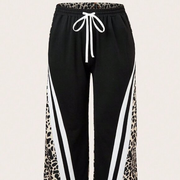 Black Casual Women's Striped Drawstring Pocket Pants - Picture 2 of 6